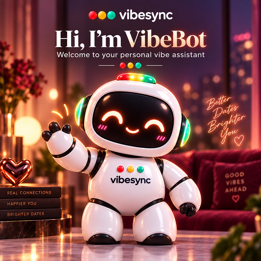 VibeBot, the VibeSync AI Coach, waving in a warm relationship-themed setting