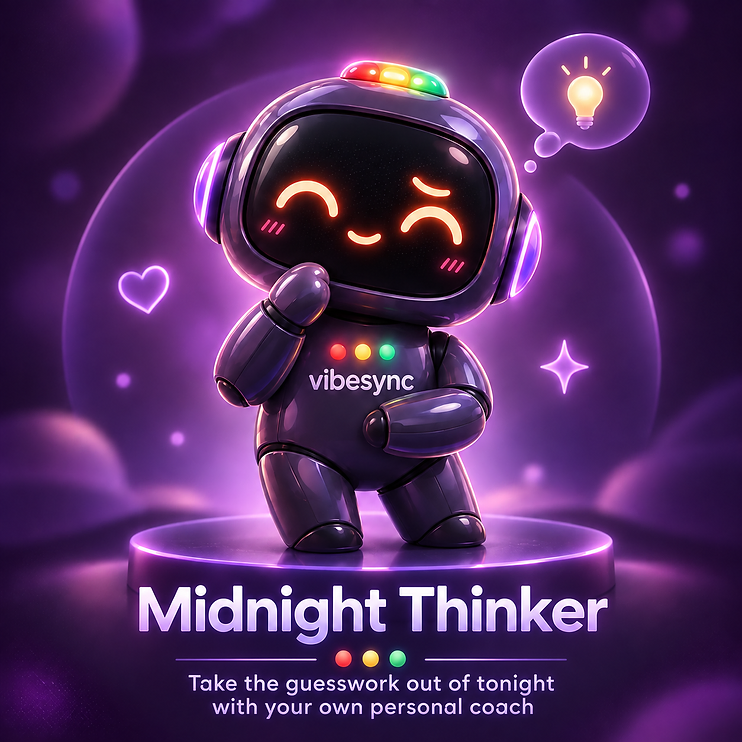 VibeBot in a thoughtful midnight expression