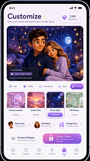 VibeSync Customize screen — live theme preview on your avatars