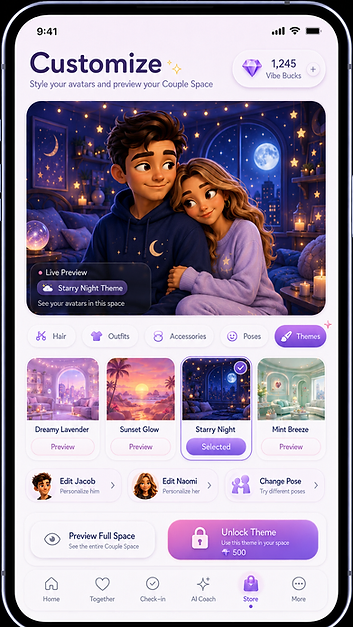 VibeSync Customize screen — live theme preview on your avatars