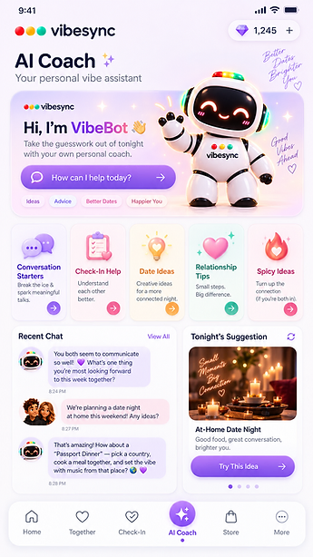 VibeSync AI Coach screen showing Vibe Bot tools, recent chat and date ideas