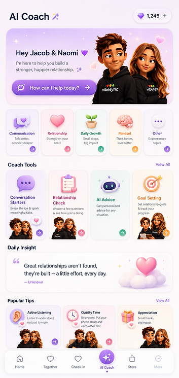 VibeSync AI Coach screen — topics, Coach Tools and Daily Insight