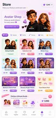 VibeSync Store screen — Avatar Shop, outfits, themes and packs