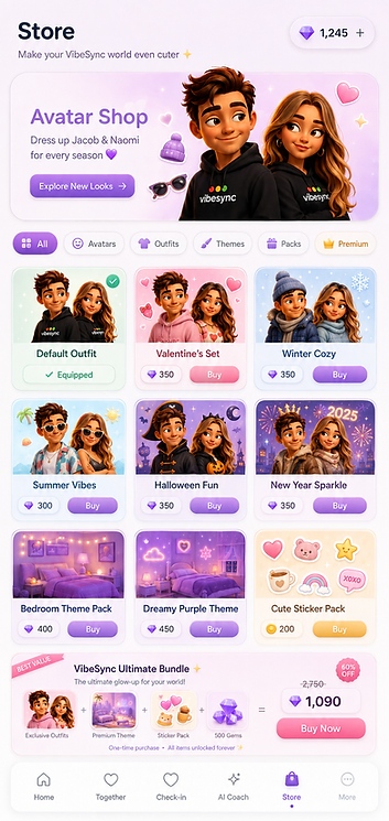 VibeSync Store screen — Avatar Shop, outfits, themes and packs
