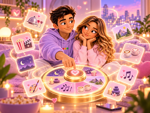 VibeSync couple choosing from a glowing game wheel