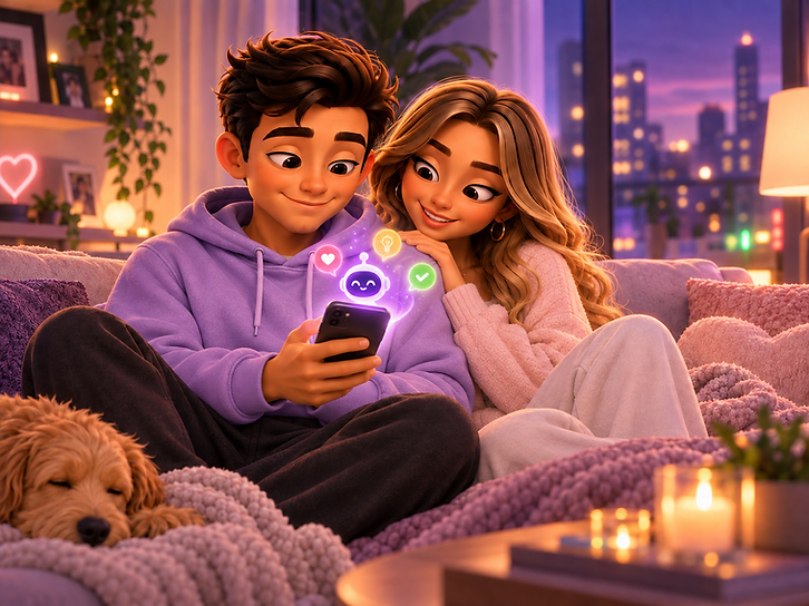 VibeSync couple avatars getting a warm suggestion from Vibe Bot