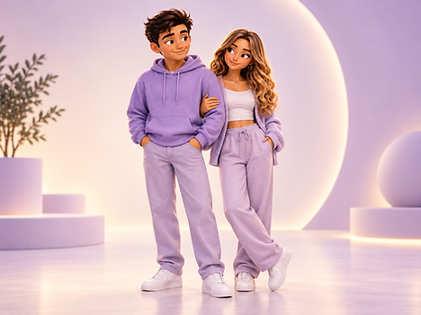 VibeSync couple avatars in coordinated lavender casual outfits