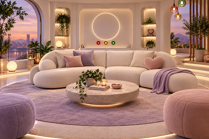 Neutral VibeSync Couple Space with a warm pastel living room