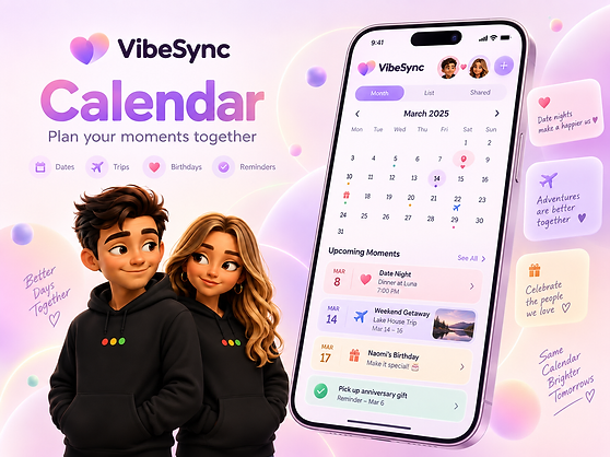 VibeSync couple avatars beside the shared Calendar experience
