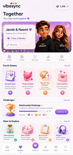 VibeSync Together screen — couple profile, Fun & Games and Challenges