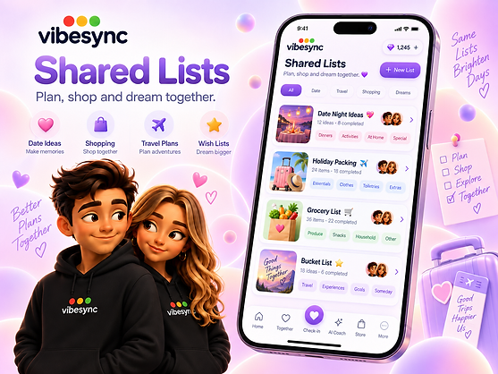 VibeSync couple avatars planning and dreaming together with Shared Lists