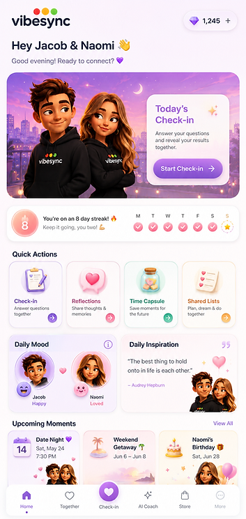 VibeSync Home screen — Today’s Check-in, streak, Quick Actions and Upcoming Moments