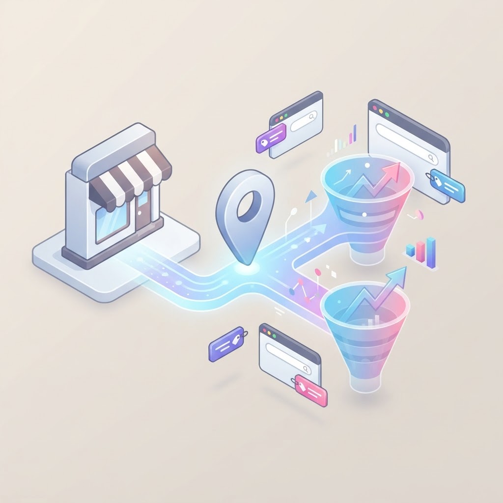 A digital map pin and storefront icon connected by a data flow representing UTM tracking.