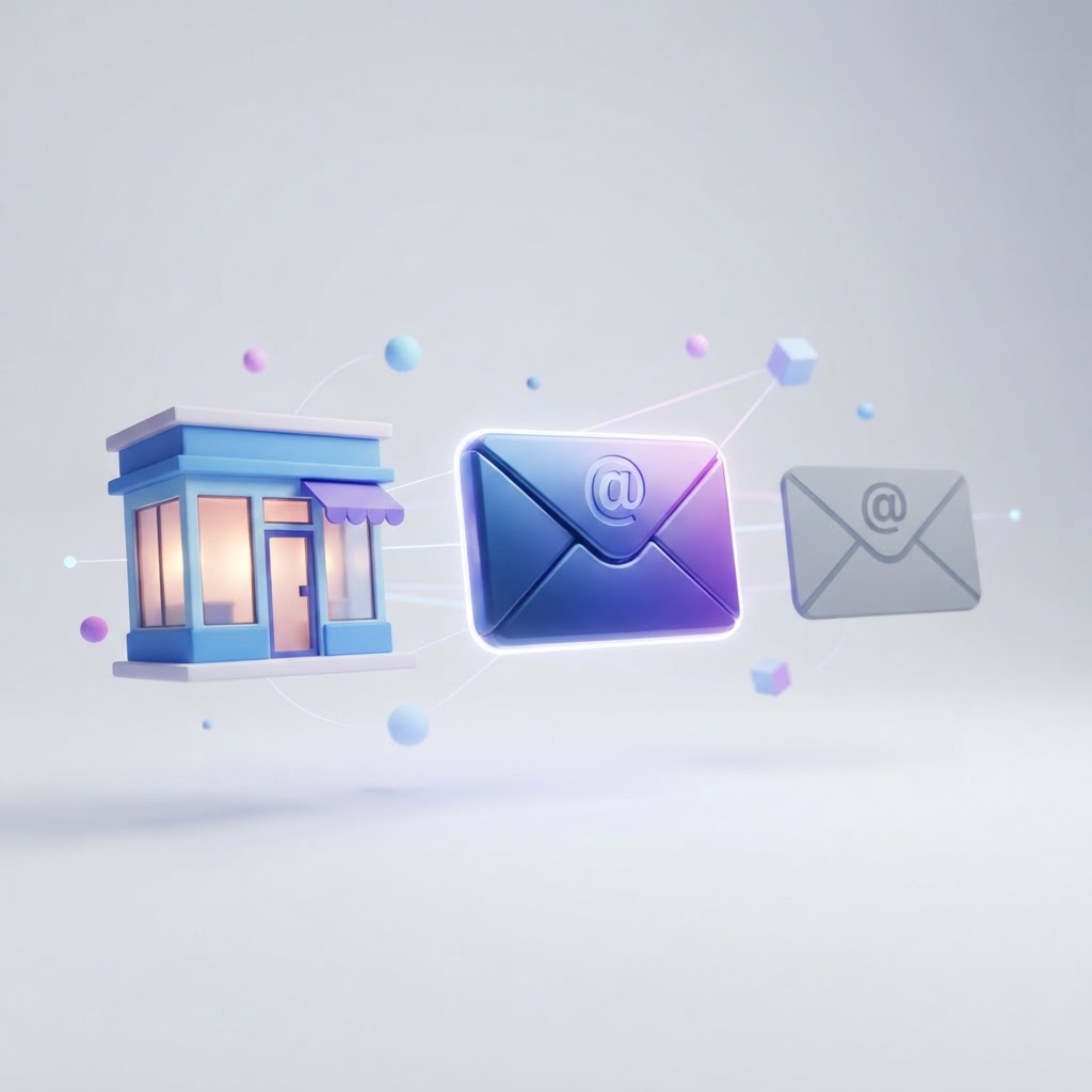 A modern storefront icon paired with a professional email icon, contrasting with a generic icon.