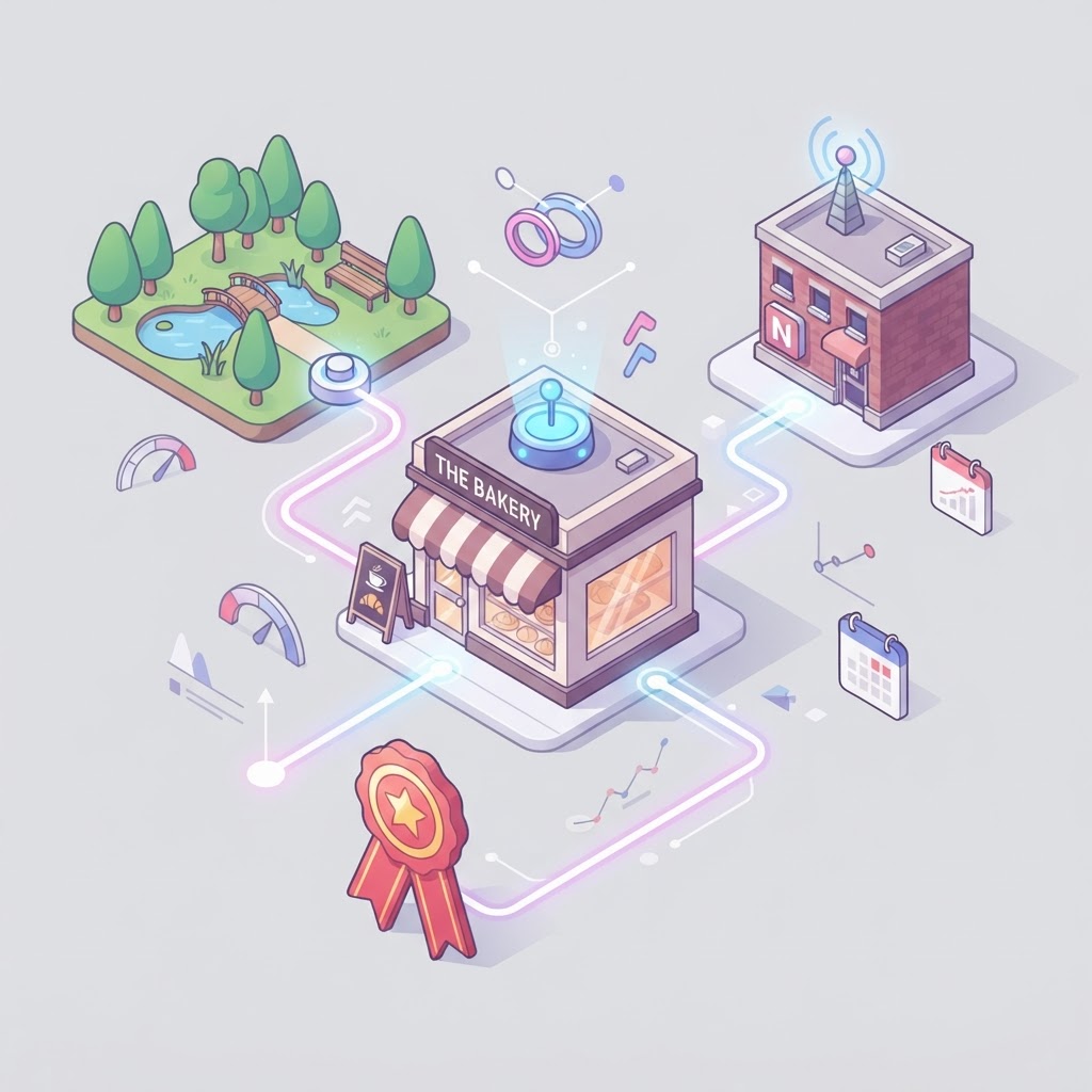 Isometric illustration of a local business connected to community landmarks via digital nodes.