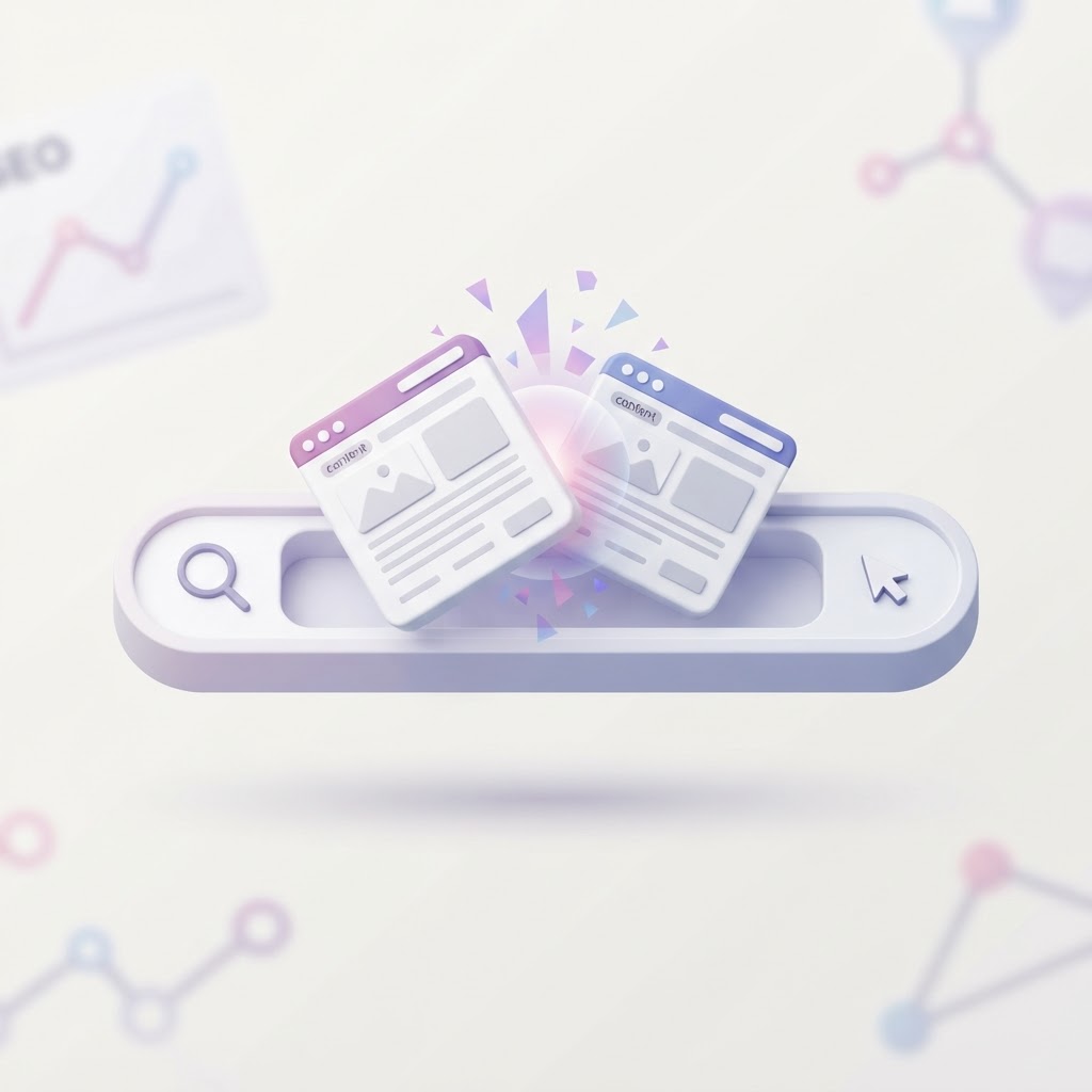 Two identical web page icons clashing inside a search bar to represent keyword cannibalization.