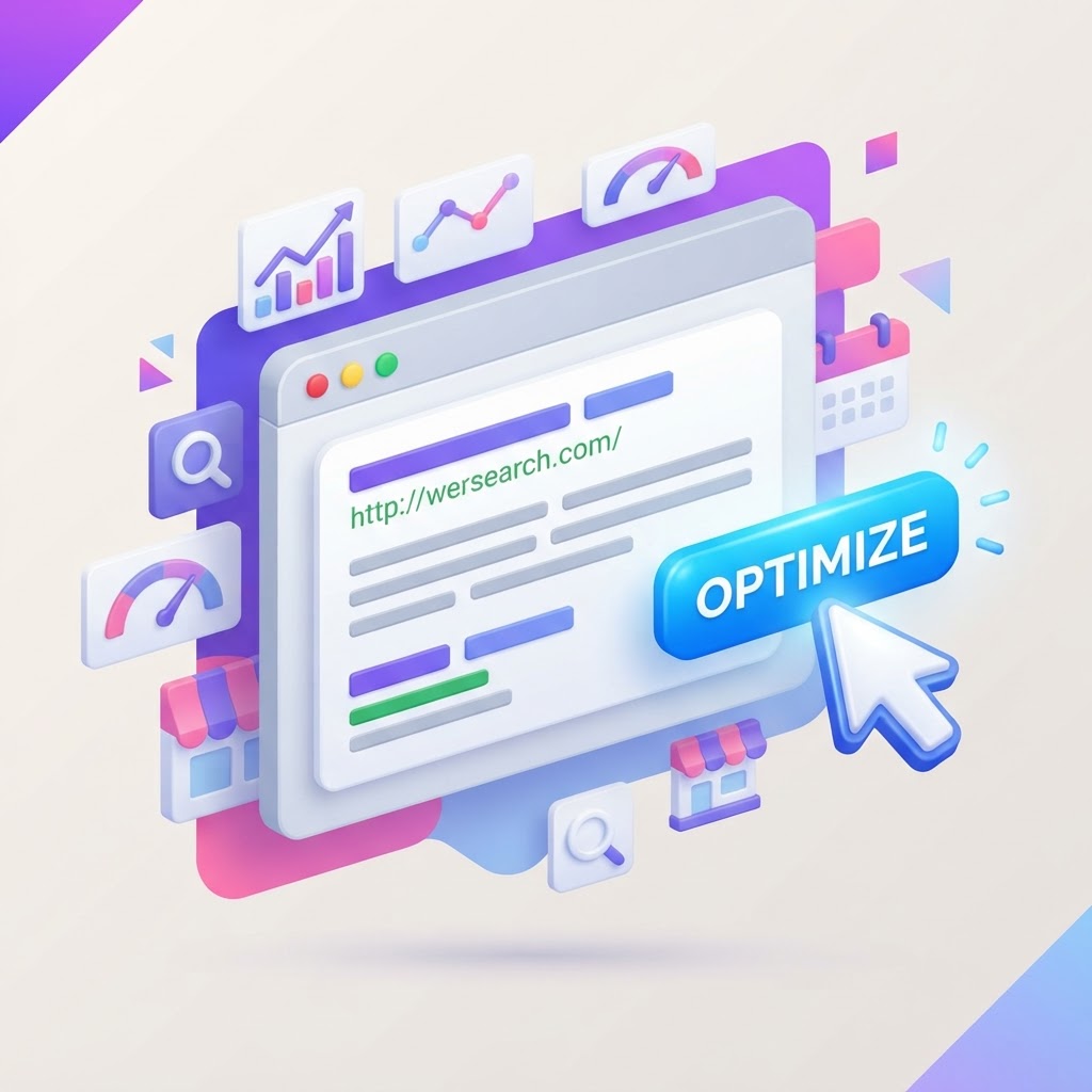 A 3D illustration of a browser search result snippet with a cursor clicking a blue button.