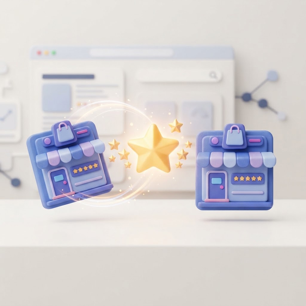 A 3D illustration showing two digital storefront icons merging into one to combine star ratings.