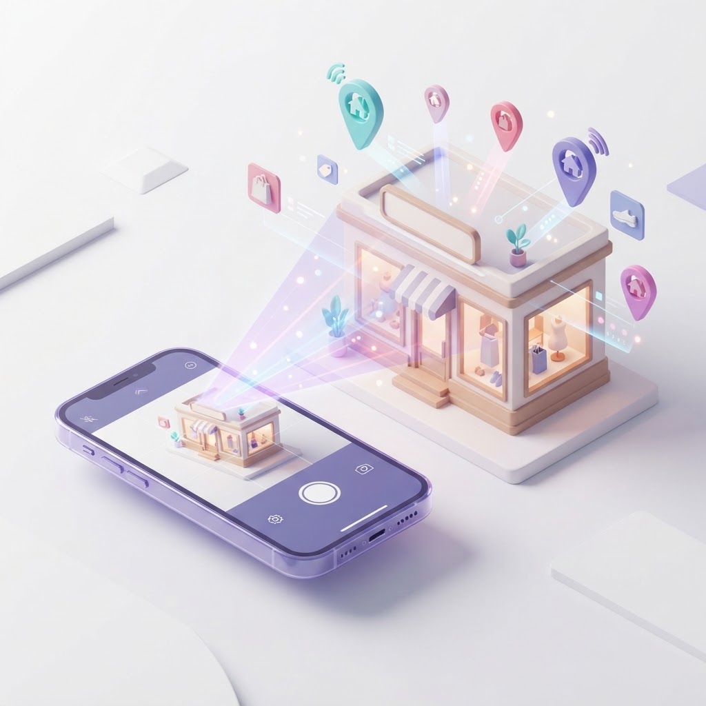 A smartphone camera scanning a retail storefront with digital location and product icons floating.
