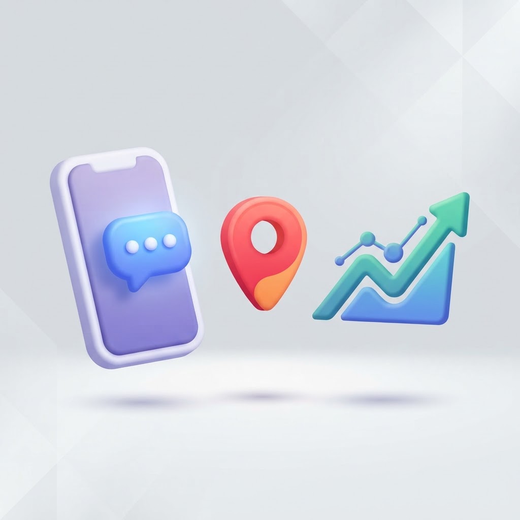 A smartphone, map pin, and rising graph representing the connection between SMS and SEO.