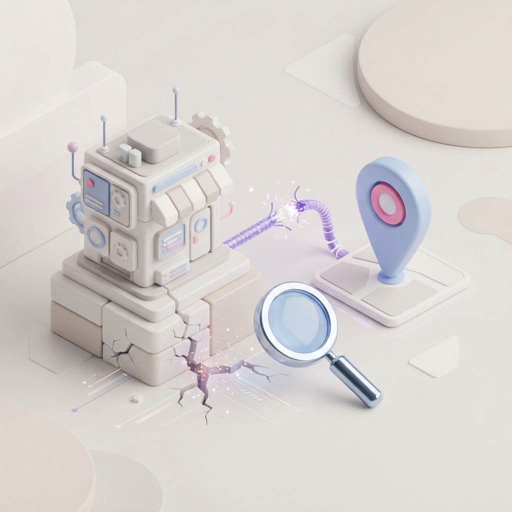 A 3D graphic showing a digital storefront icon linked to a map pin by a fragile thread.