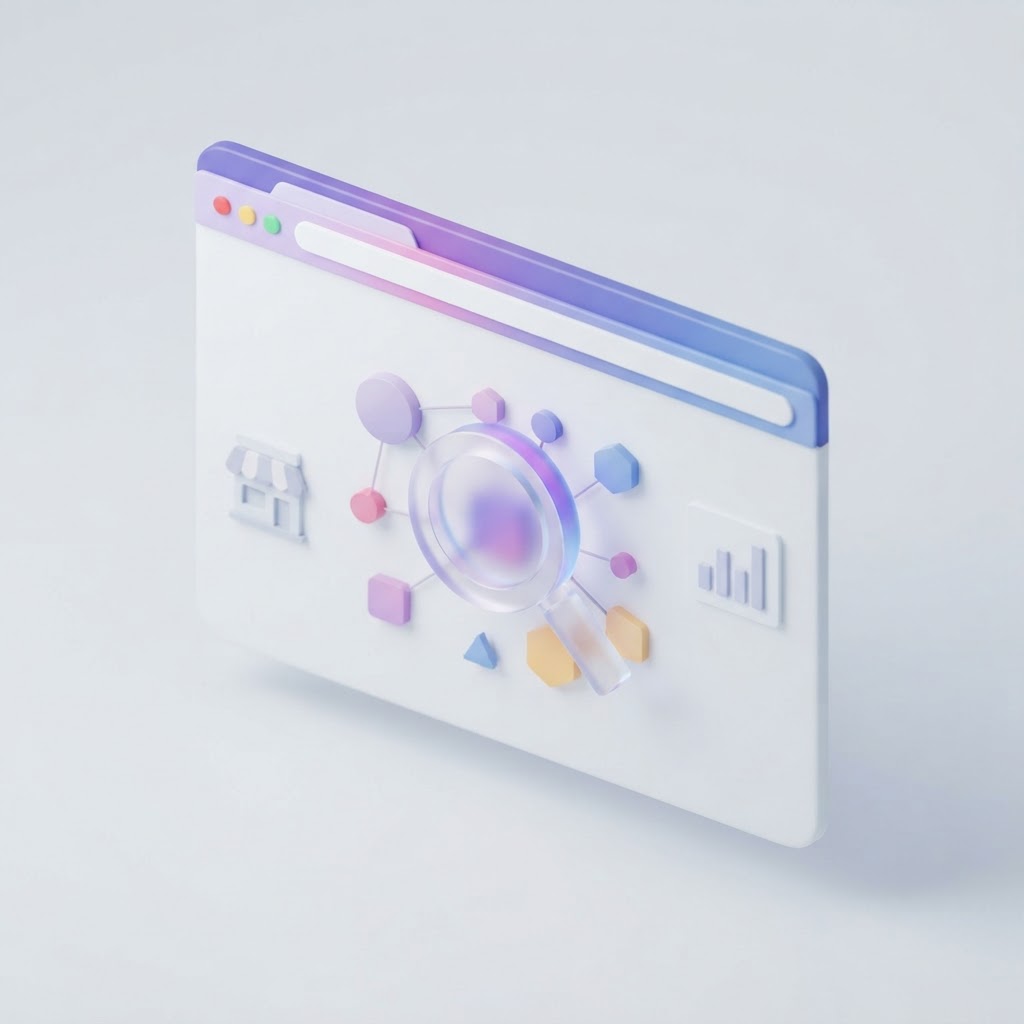 An abstract 3D illustration showing a browser interface and magnifying glass for SEO analysis.
