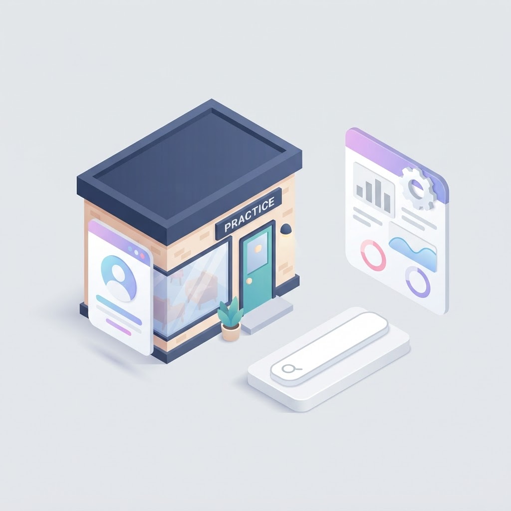 A 3D graphic showing a professional storefront with a digital profile card moving away.