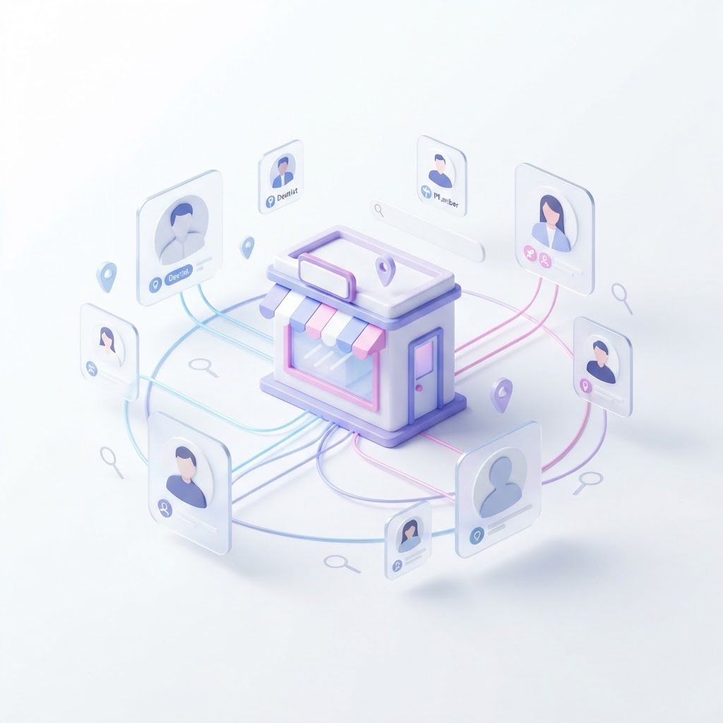 Stylized 3D graphic showing a business building icon linked to multiple professional profile cards.