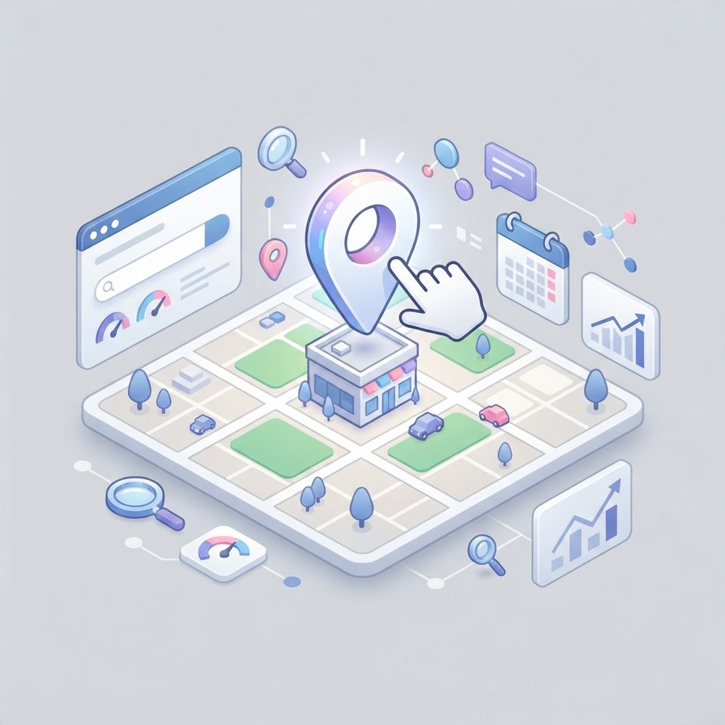 An isometric digital map with a glowing location pin being adjusted on a storefront building.