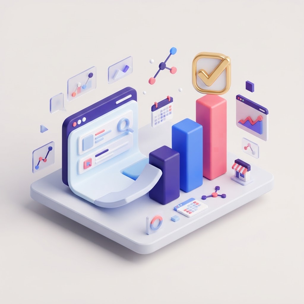 Isometric graphic of a digital document icon transforming into a growing chart and checkmark.