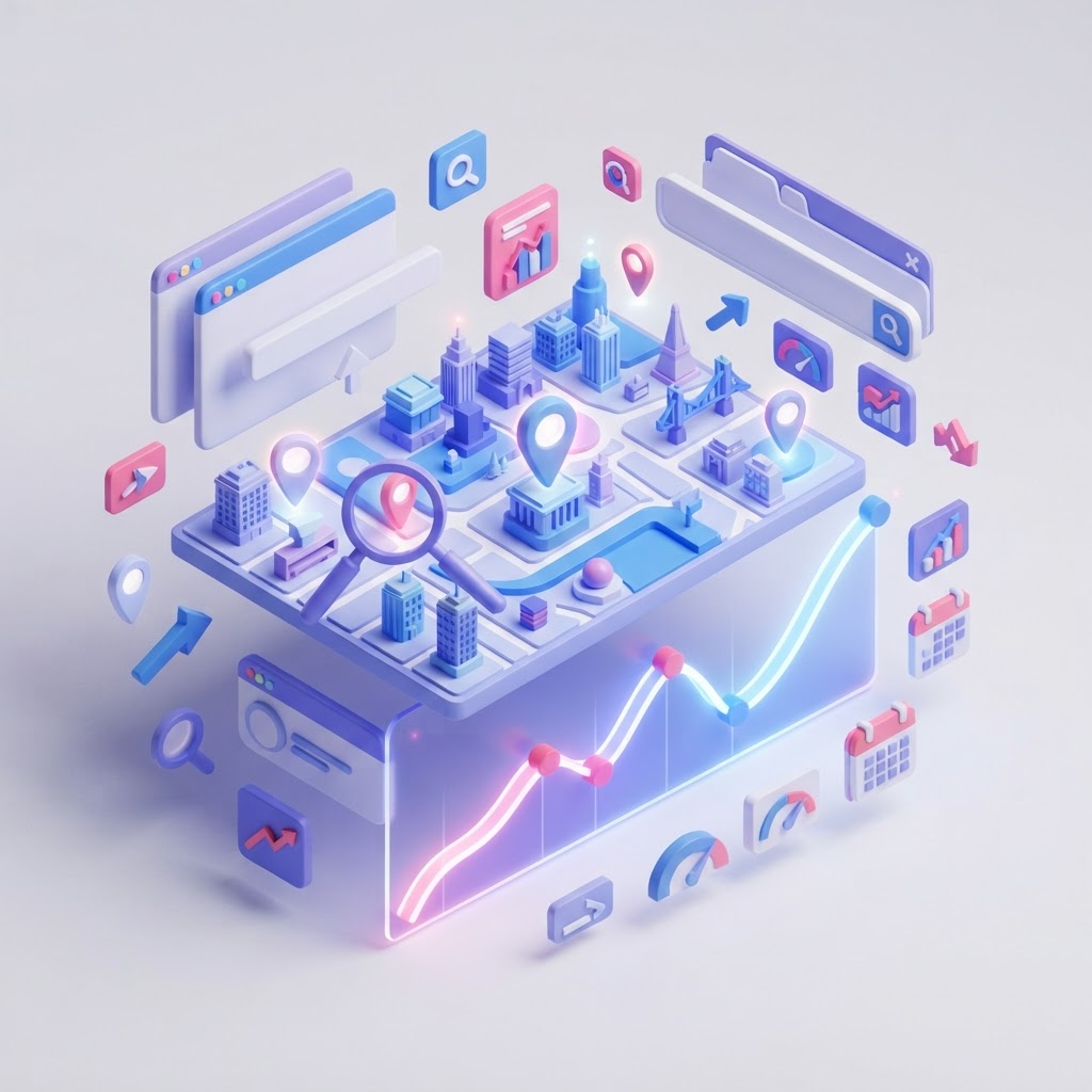 A 3D map showing rising seasonal search trends above a digital city layout.