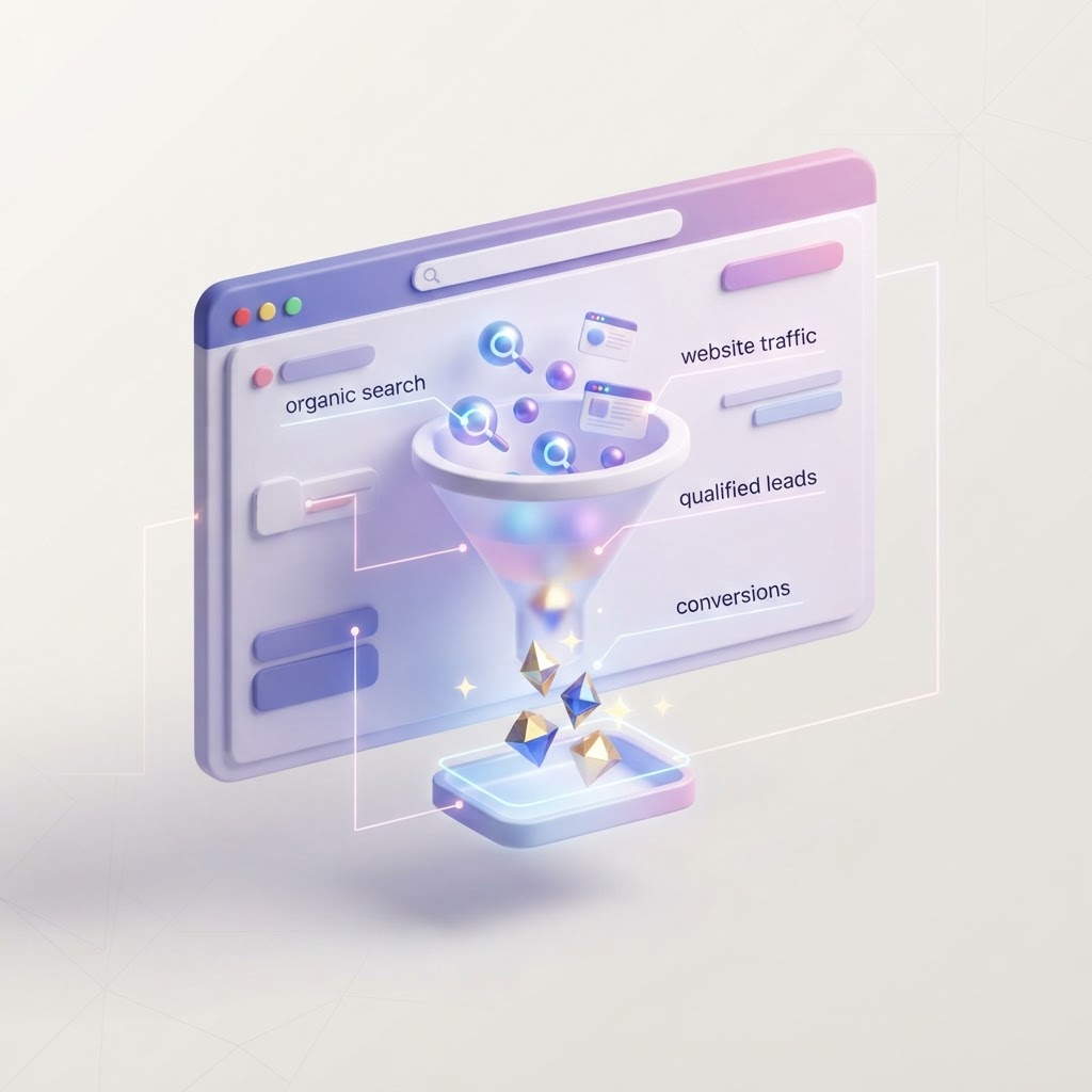 An isometric 3D graphic showing a search funnel converting digital icons into high-value lead tokens.
