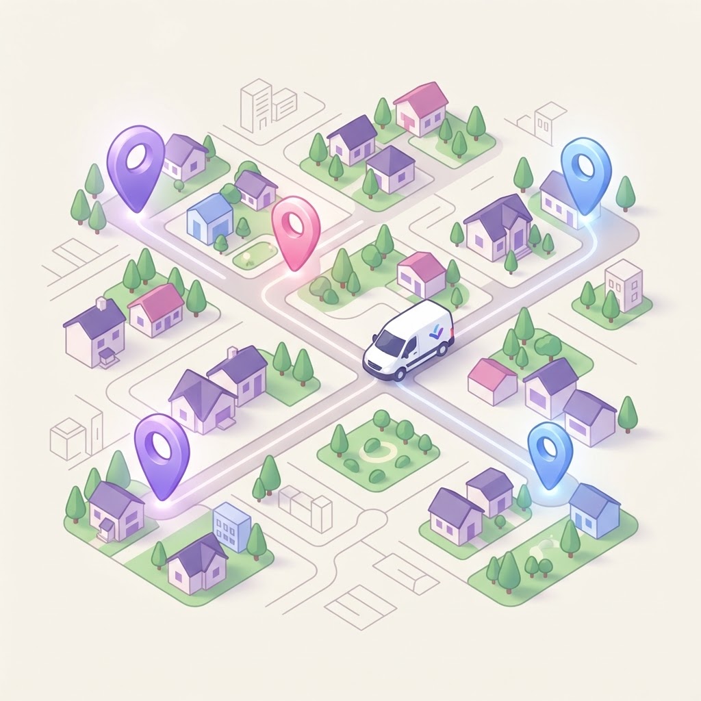 An isometric map with location pins and a service vehicle representing expanding local SEO reach.