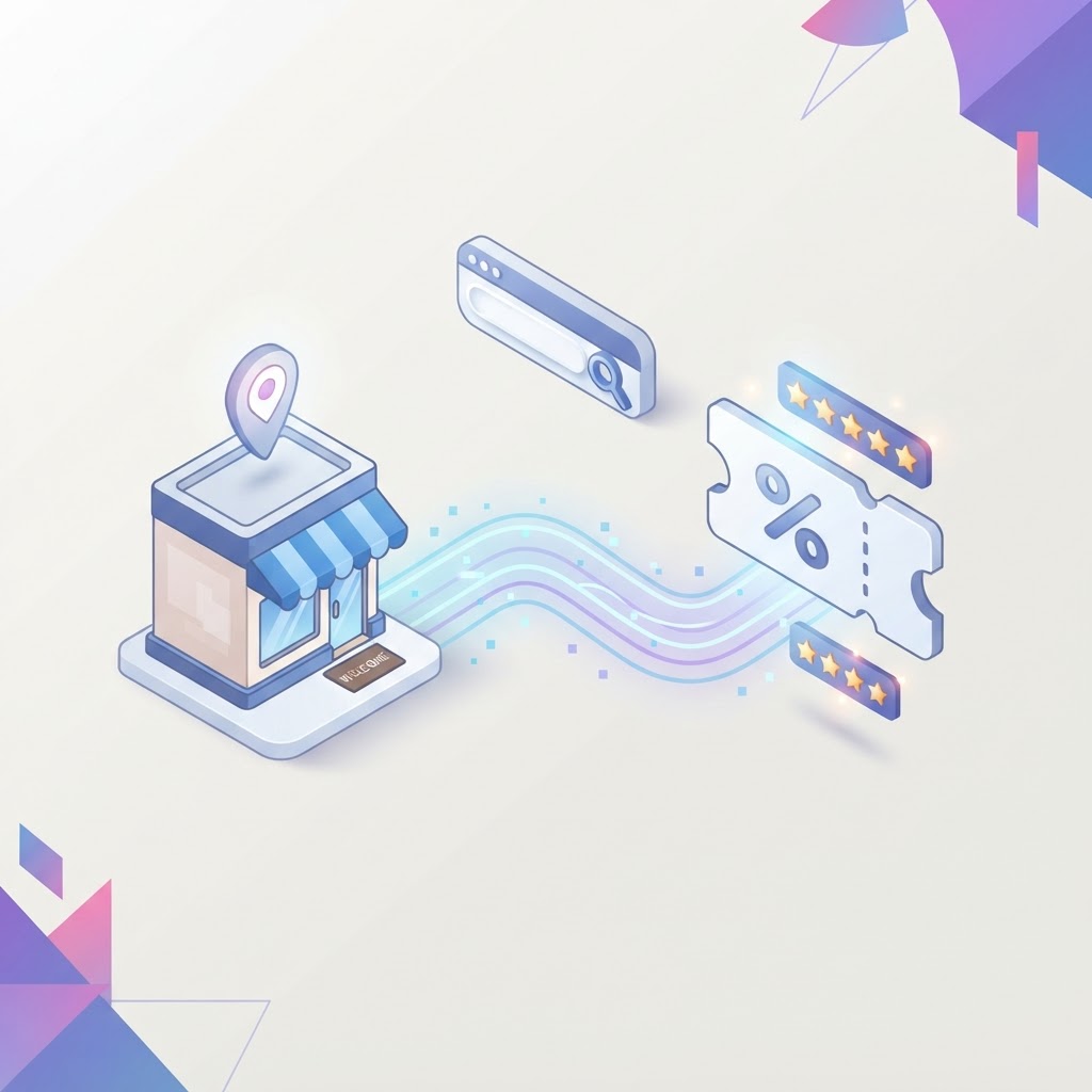 A 3D graphic showing a local storefront icon connected to a digital coupon via a data flow.
