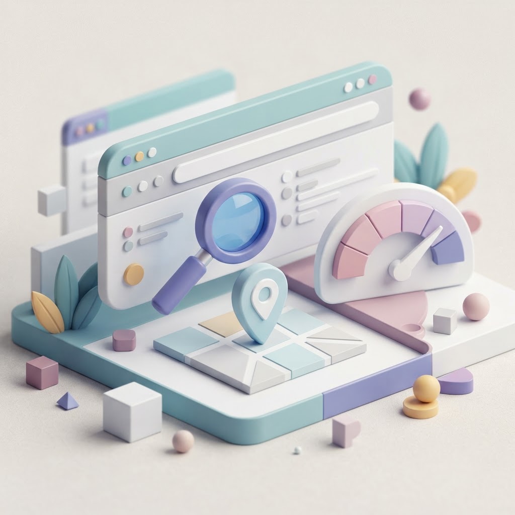 Isometric graphic showing a browser search bar, a map pin, and a gauge, representing SEO tools.