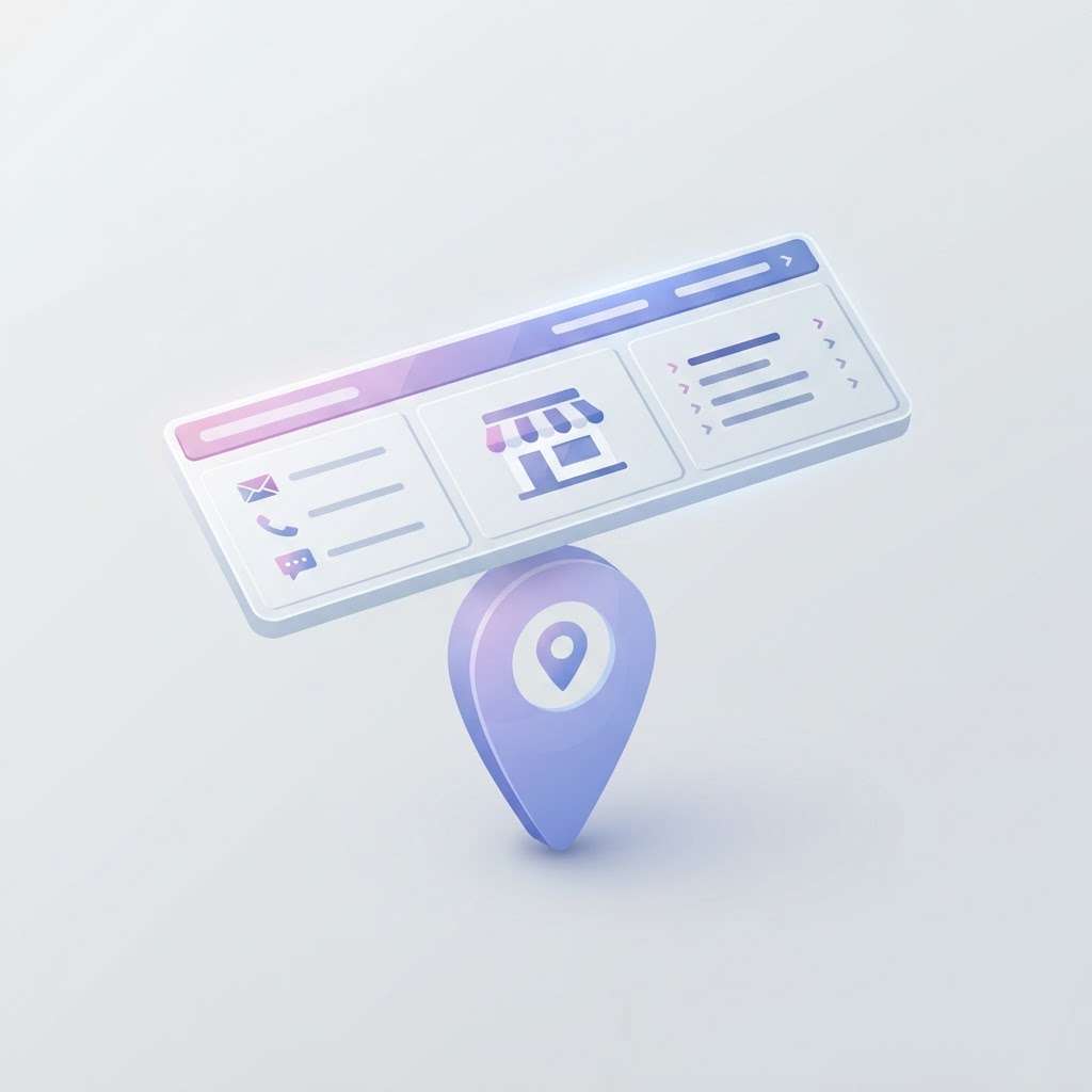 A 3D isometric graphic showing a clean website footer layout featuring a local map pin icon.