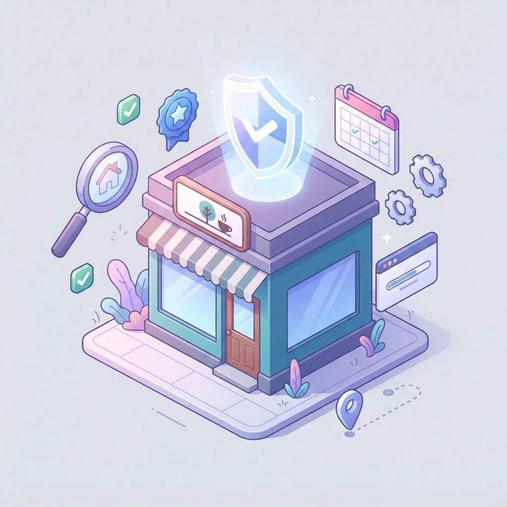 A 3D icon of a storefront building with a floating shield, representing business trust and E-E-A-T.