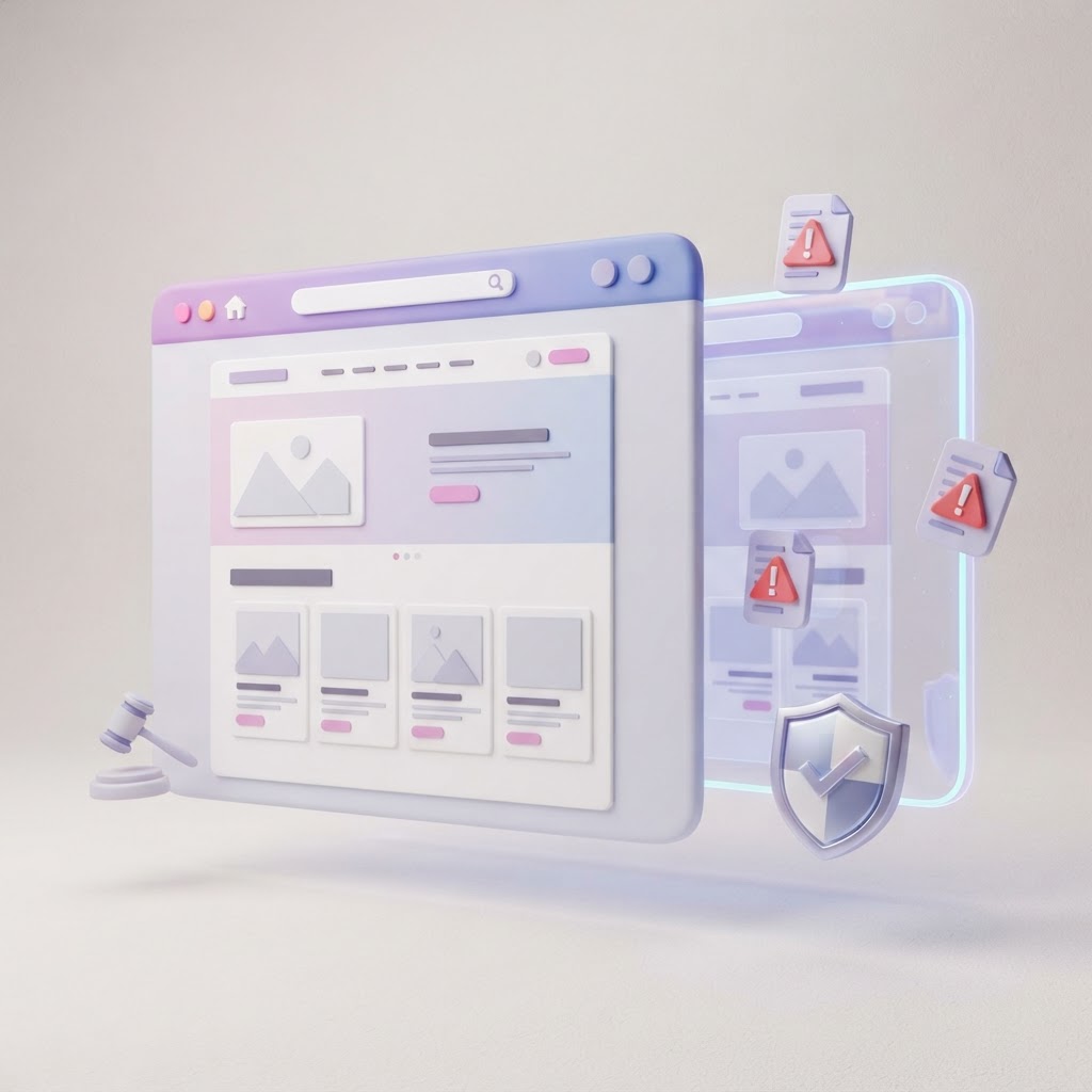A 3D illustration showing a website storefront being copied with a digital shield and gavel.