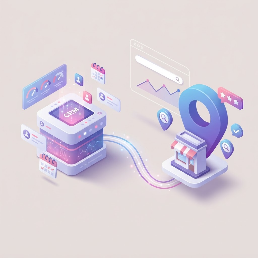 A 3D illustration showing a CRM database connecting to a local storefront and map marker.