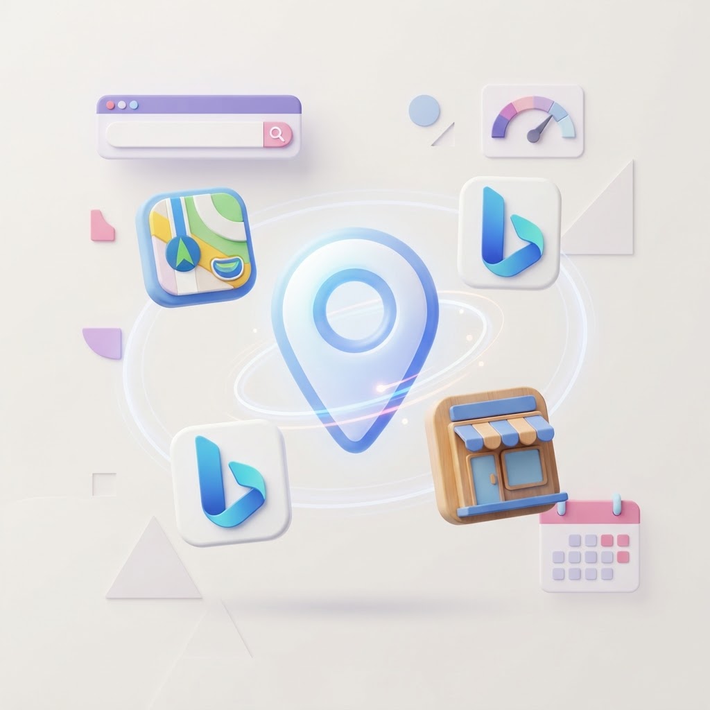 3D icons representing Apple Maps, Bing, and a local business storefront surrounding a location pin.