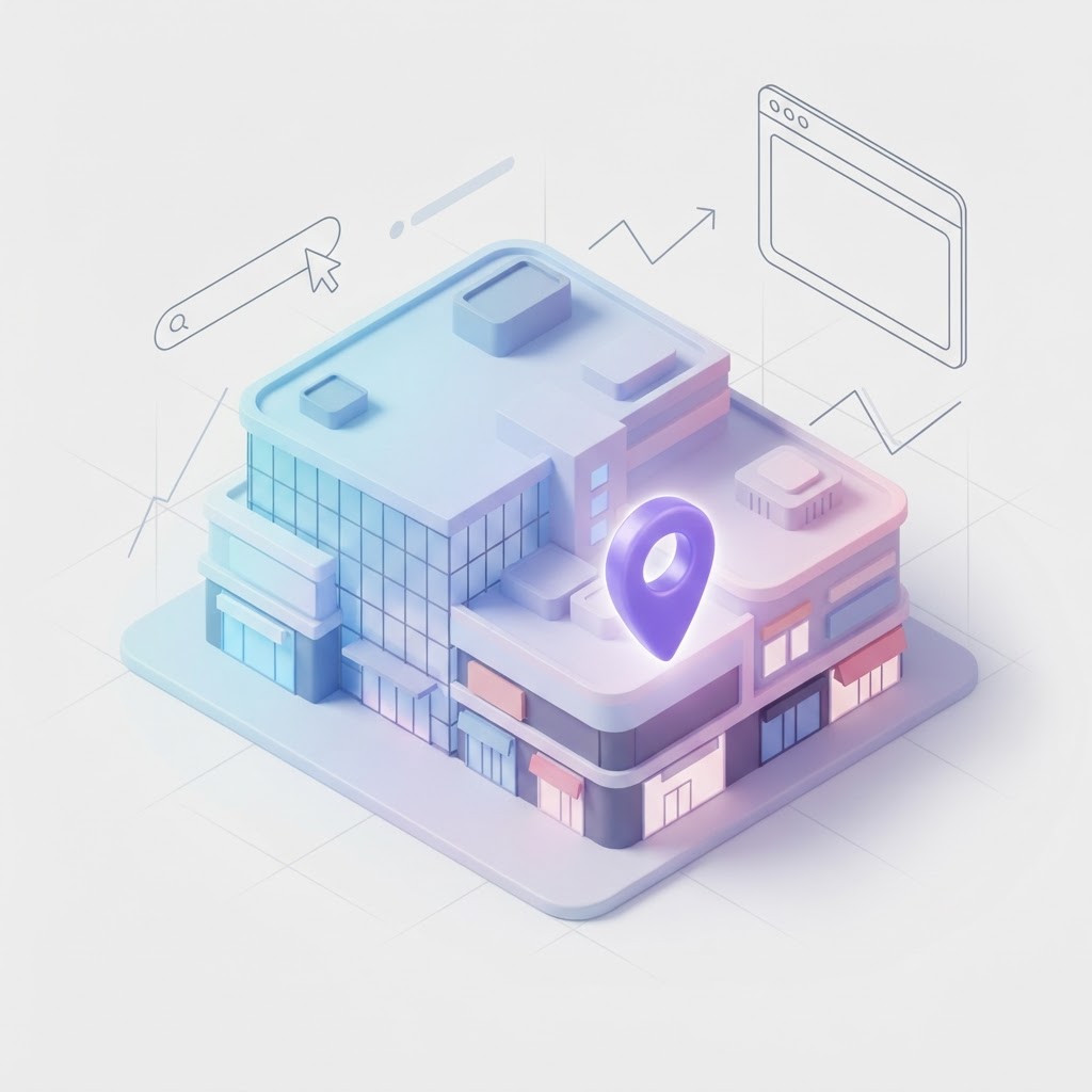 A 3D isometric mall icon with a highlighted map pin representing a specific store location.