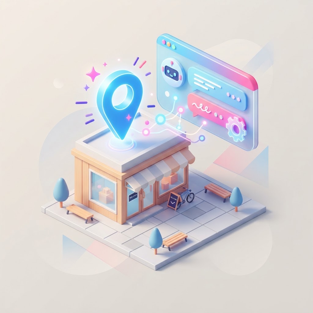A stylized 3D digital map pin interacting with an AI chat bubble above a local storefront.
