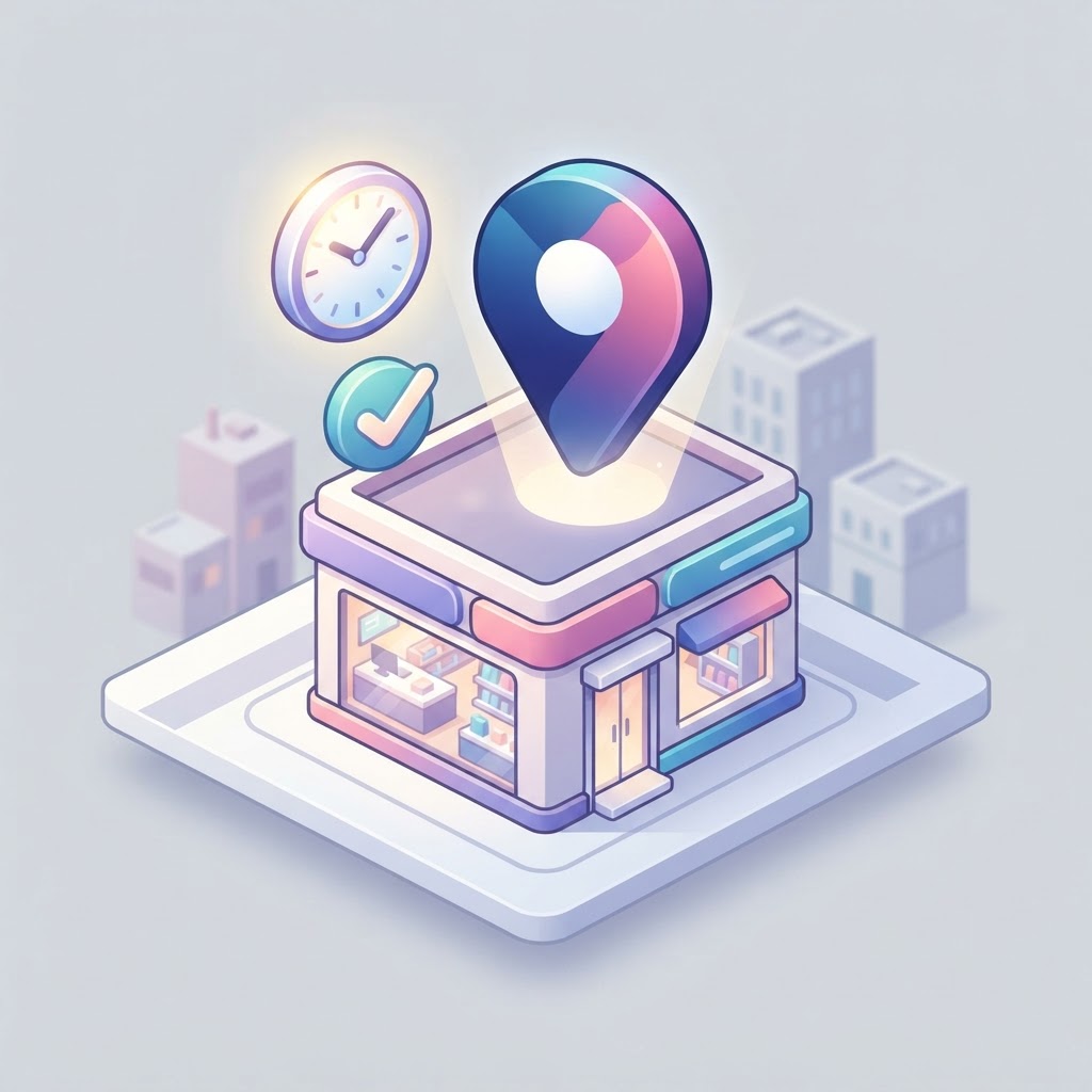 A 3D map pin and clock icon hovering above a storefront, representing open business hours.