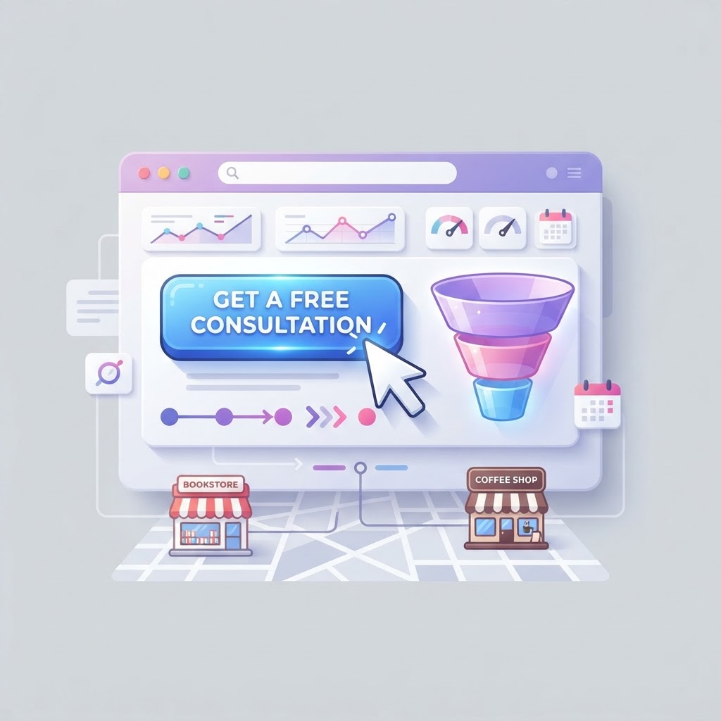 Digital cursor clicking a button on a floating contact form with conversion icons.