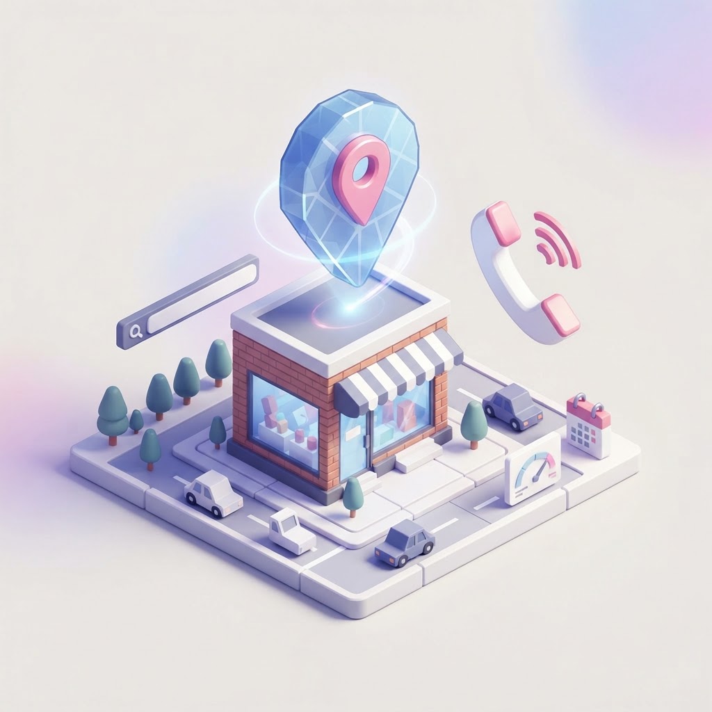 A 3D icon of a storefront with a map pin and a telephone handset, representing local SEO.