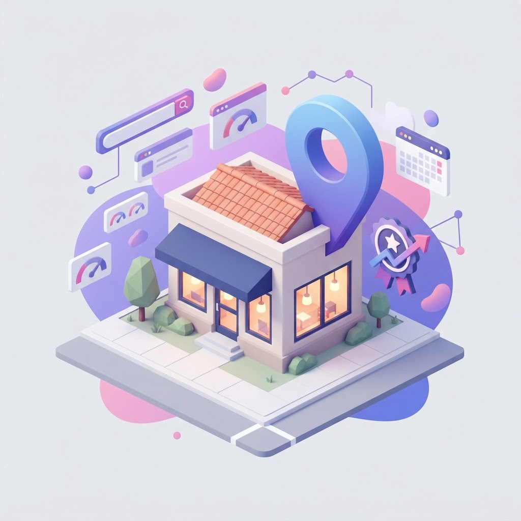A 3D illustration of a storefront with a digital map pin and badge representing local business trust.