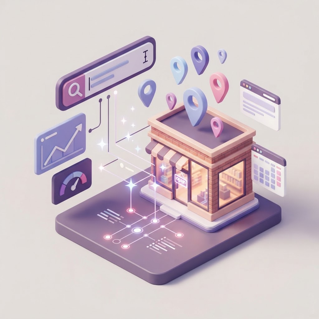 Isometric illustration of a storefront connecting to a search interface with AI icons.