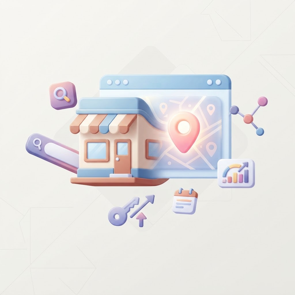 A digital storefront icon merging with a map pin and key, symbolizing a business acquisition.