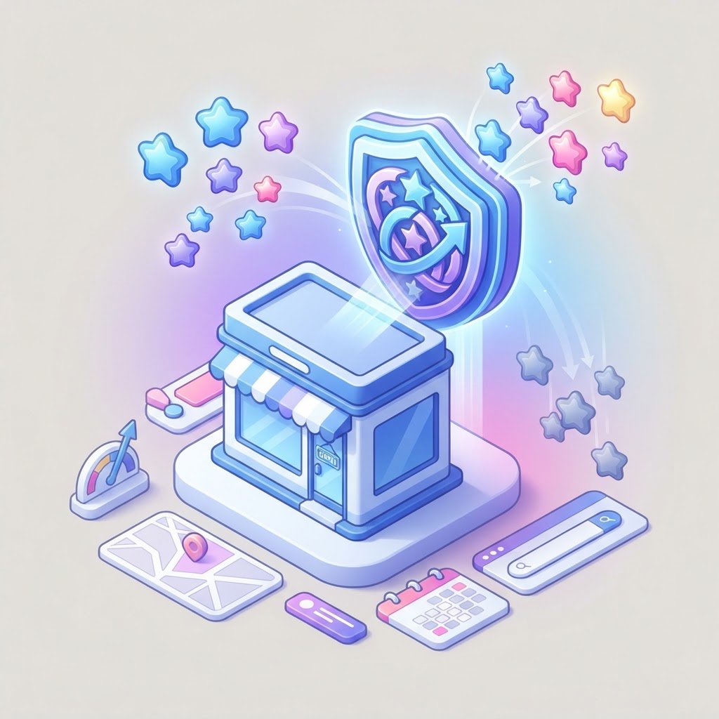 A 3D shield icon protecting a digital storefront from falling star symbols.