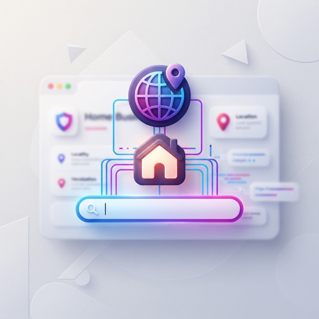 A 3D illustration showing a stylized home icon and a digital map connected by data lines.